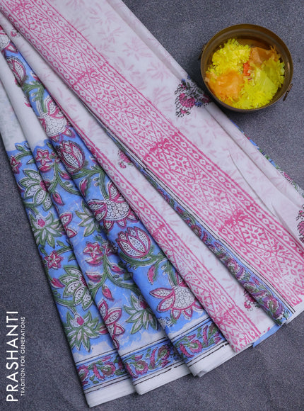 Jaipur cotton saree pastel blue and off white with allover prints and printed border