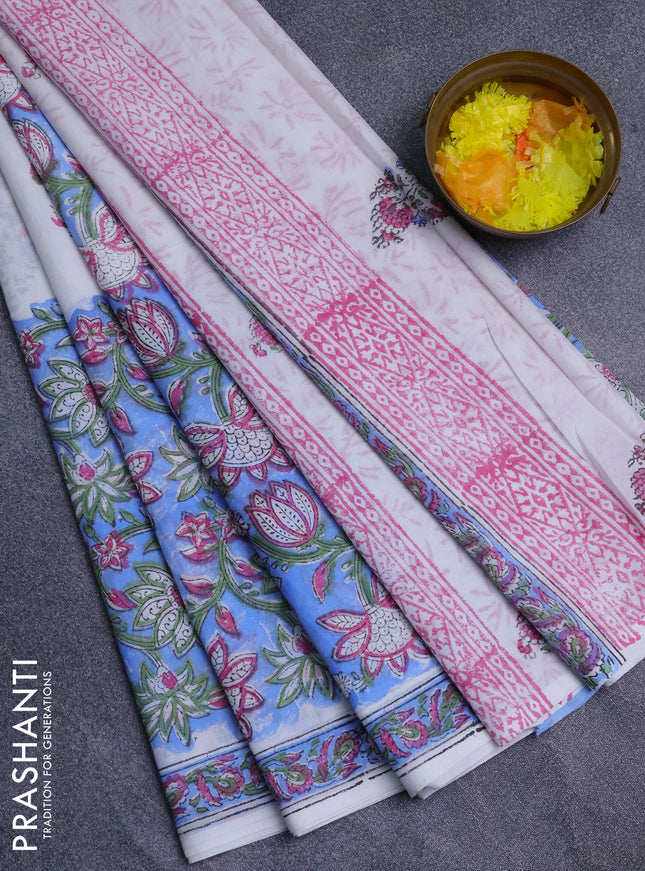 Jaipur cotton saree pastel blue and off white with allover prints and printed border