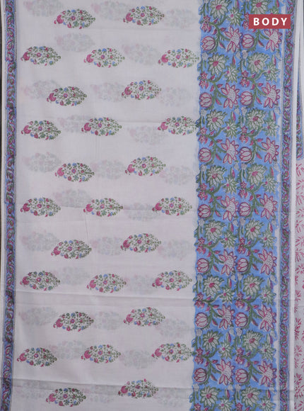 Jaipur cotton saree pastel blue and off white with allover prints and printed border