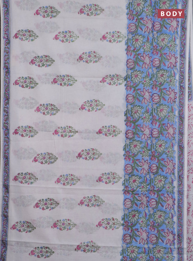 Jaipur cotton saree pastel blue and off white with allover prints and printed border