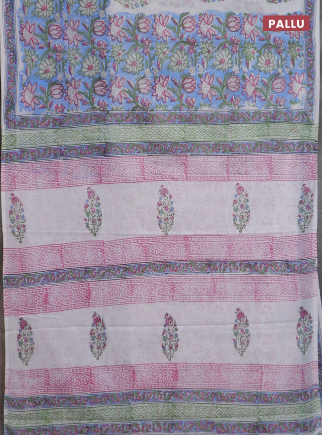 Jaipur cotton saree pastel blue and off white with allover prints and printed border