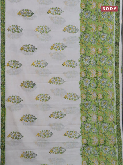 Jaipur cotton saree light green and off white with allover prints and printed border