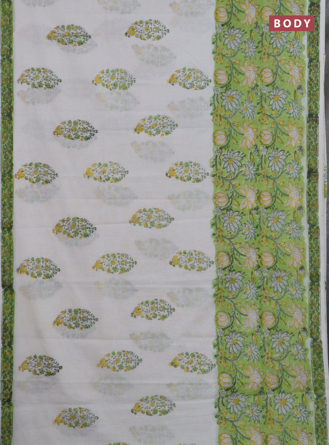 Jaipur cotton saree light green and off white with allover prints and printed border