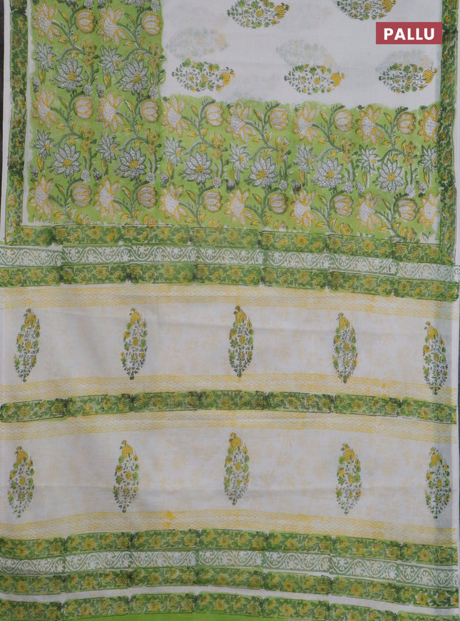 Jaipur cotton saree light green and off white with allover prints and printed border