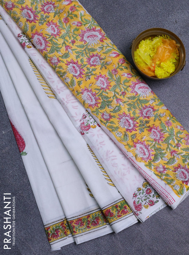 Jaipur cotton saree off white and yellow with allover butta prints and printed border