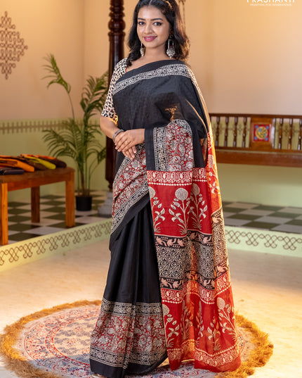 Jaipur cotton saree black and maroon with plain body and long printed border