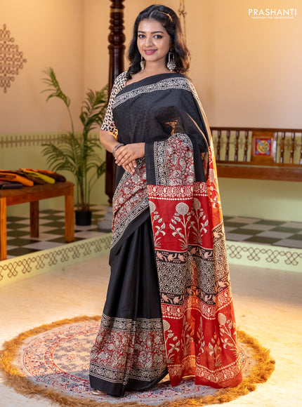 Jaipur cotton saree black and maroon with plain body and long printed border