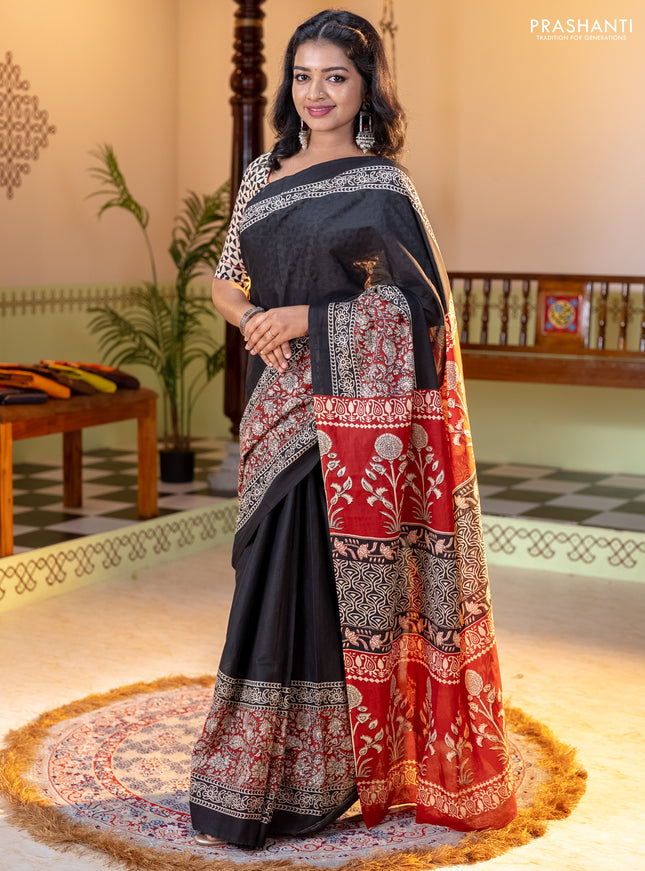 Jaipur cotton saree black and maroon with plain body and long printed border