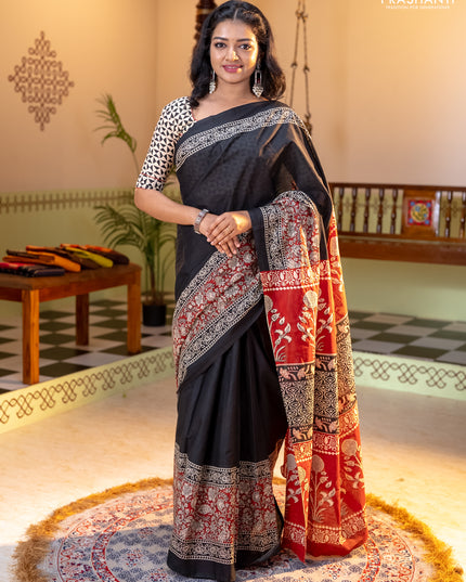 Jaipur cotton saree black and maroon with plain body and long printed border