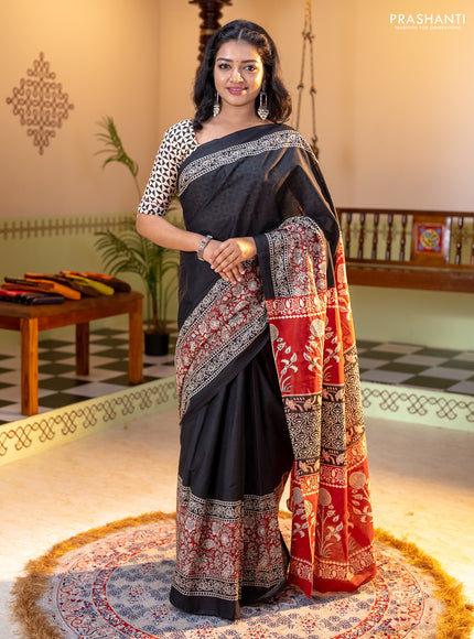 Jaipur cotton saree black and maroon with plain body and long printed border