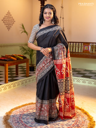 Jaipur cotton saree black and maroon with plain body and long printed border