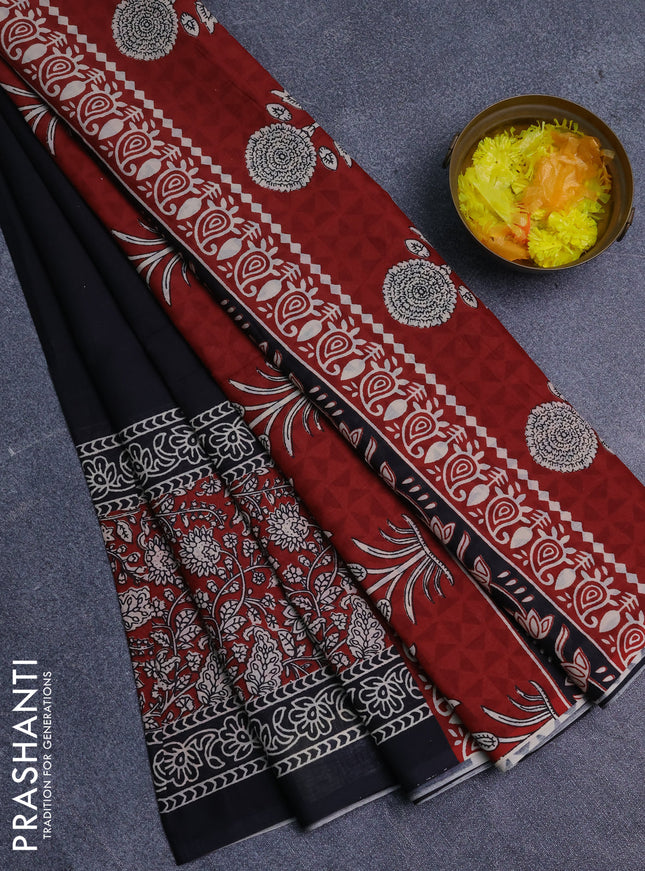 Jaipur cotton saree black and maroon with plain body and long printed border