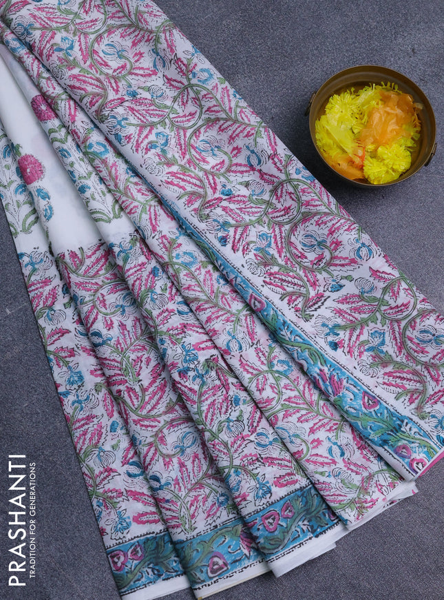 Jaipur cotton saree off white and teal green with allover prints and printed border