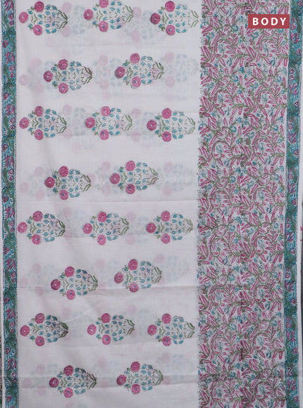 Jaipur cotton saree off white and teal green with allover prints and printed border