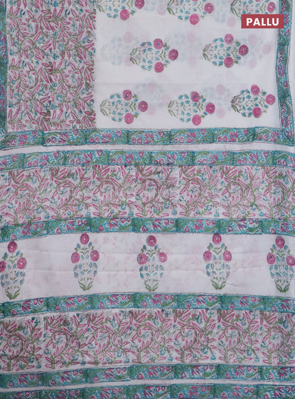 Jaipur cotton saree off white and teal green with allover prints and printed border