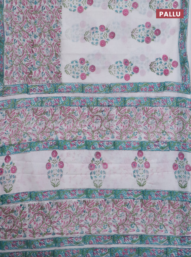 Jaipur cotton saree off white and teal green with allover prints and printed border