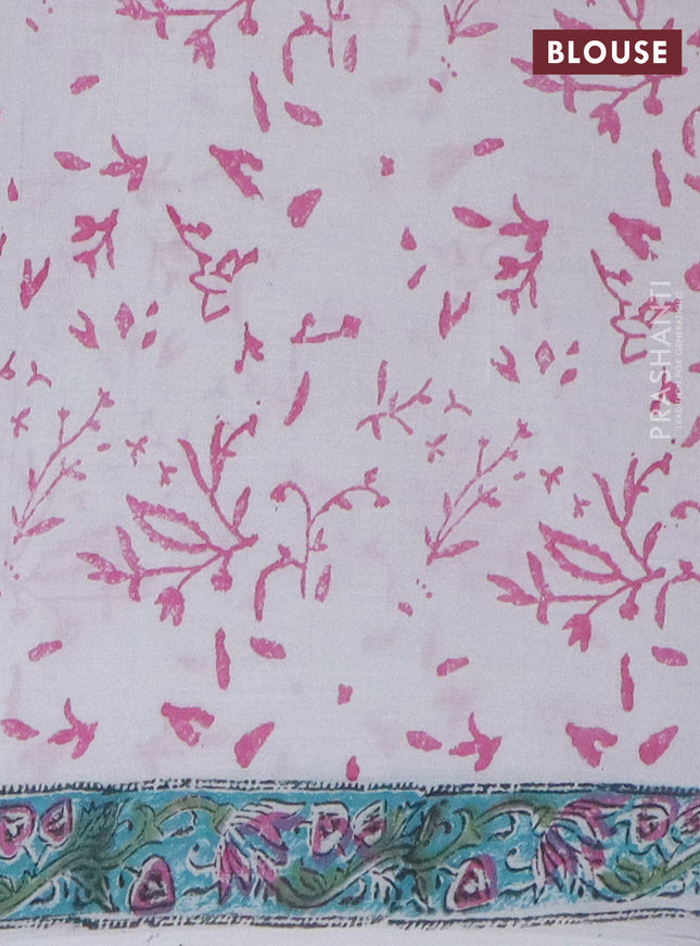 Jaipur cotton saree off white and teal green with allover prints and printed border