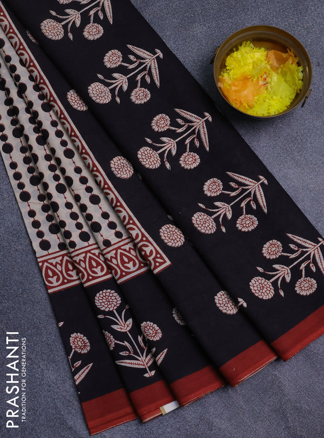 Jaipur cotton saree cream and black with allover prints and printed border