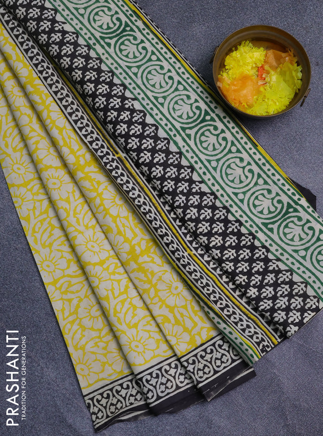 Jaipur cotton saree yellow and black with allover prints and printed border