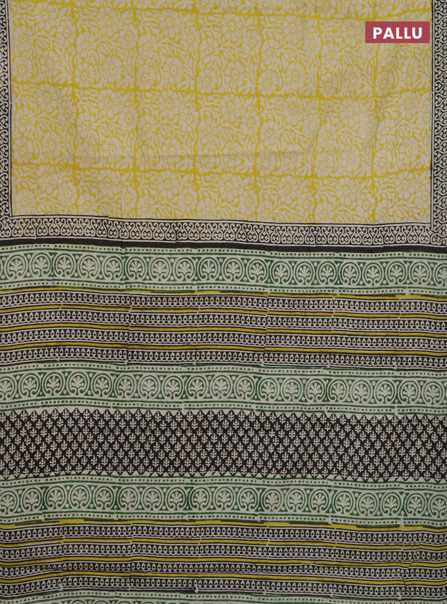 Jaipur cotton saree yellow and black with allover prints and printed border