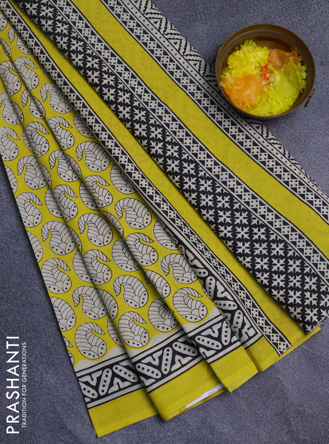 Jaipur cotton saree yellow with allover prints and printed border