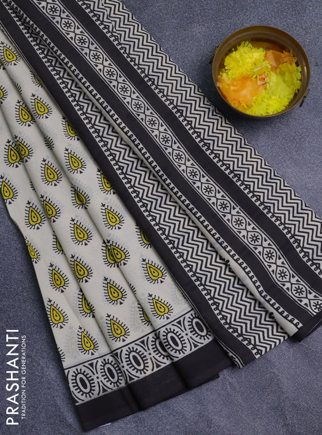 Jaipur cotton saree cream and black with allover prints and printed border