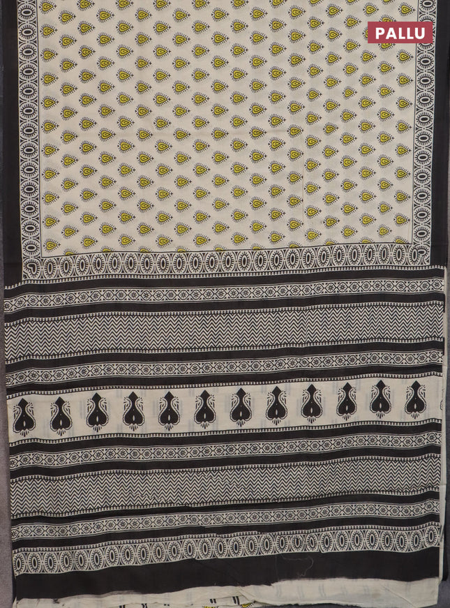 Jaipur cotton saree cream and black with allover prints and printed border