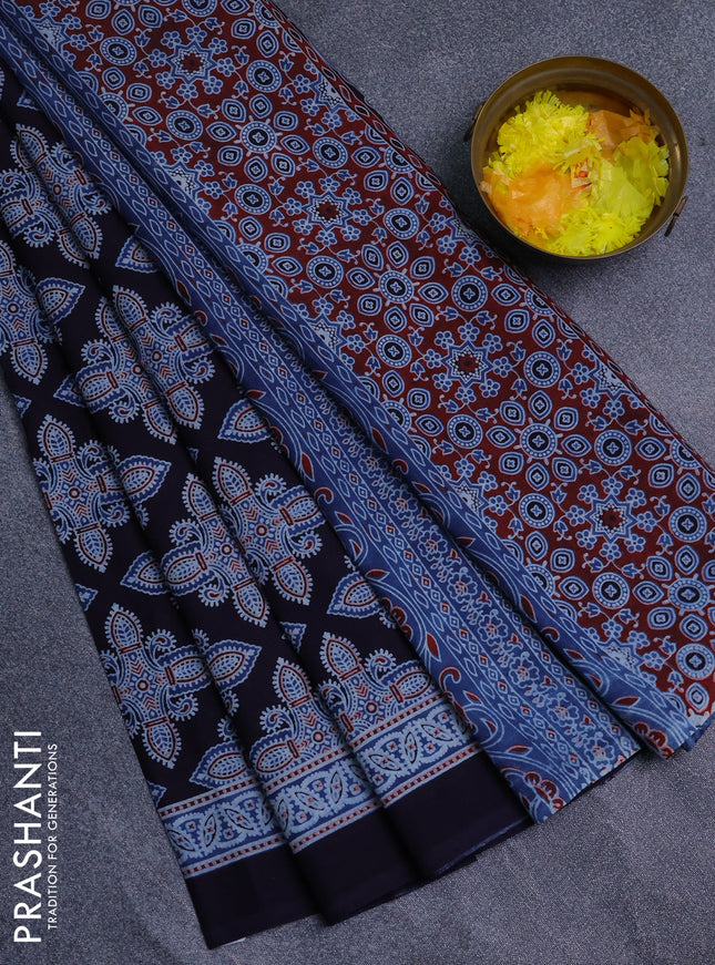 Jaipur cotton saree indigo blue and black with allover prints and printed border