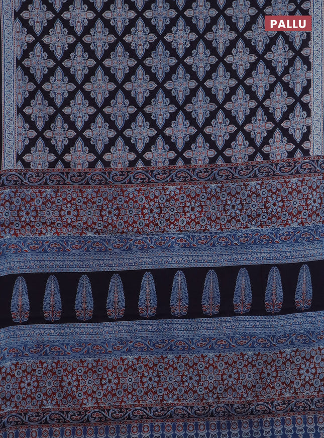 Jaipur cotton saree indigo blue and black with allover prints and printed border