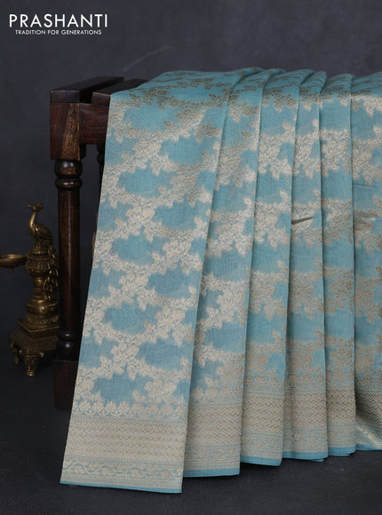 Banarasi silk cotton saree light blue with allover zari weaves and zari woven border