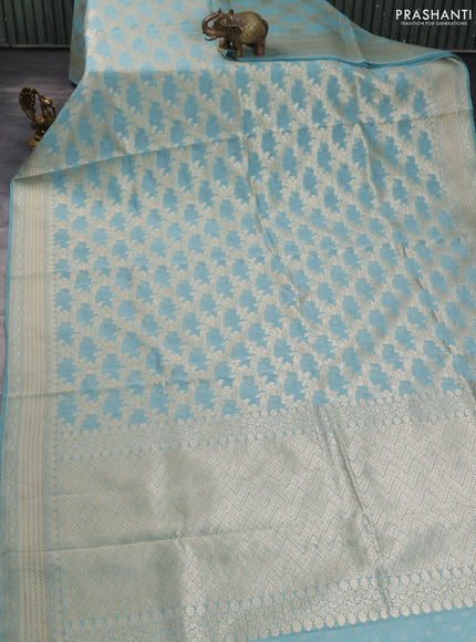 Banarasi silk cotton saree light blue with allover zari weaves and zari woven border