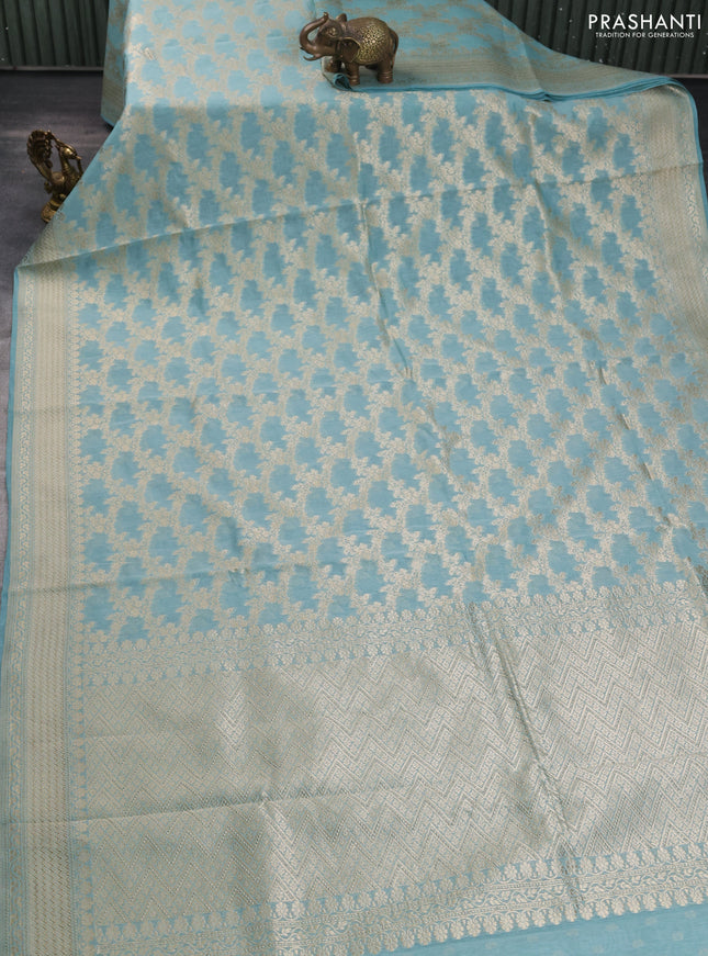 Banarasi silk cotton saree light blue with allover zari weaves and zari woven border