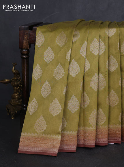 Banarasi silk cotton saree mehendi green and brown with zari woven buttas and woven border