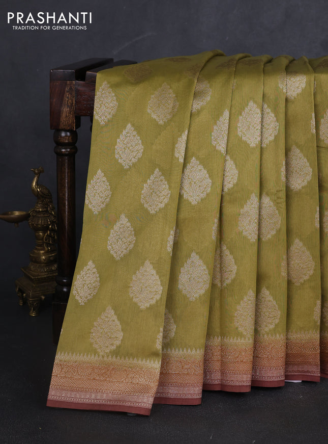 Banarasi silk cotton saree mehendi green and brown with zari woven buttas and woven border