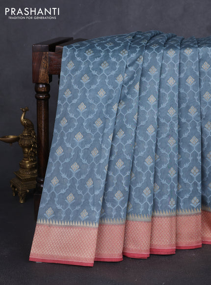 Banarasi silk cotton saree bluish grey and pink with allover thread weaves & zari woven buttas and zari woven border