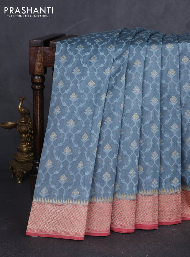 Banarasi silk cotton saree bluish grey and pink with allover thread weaves & zari woven buttas and zari woven border