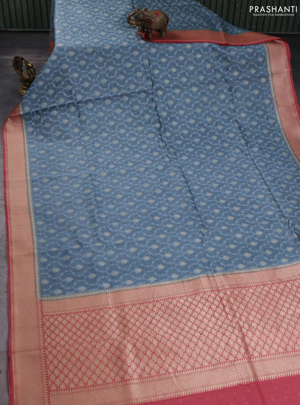 Banarasi silk cotton saree bluish grey and pink with allover thread weaves & zari woven buttas and zari woven border