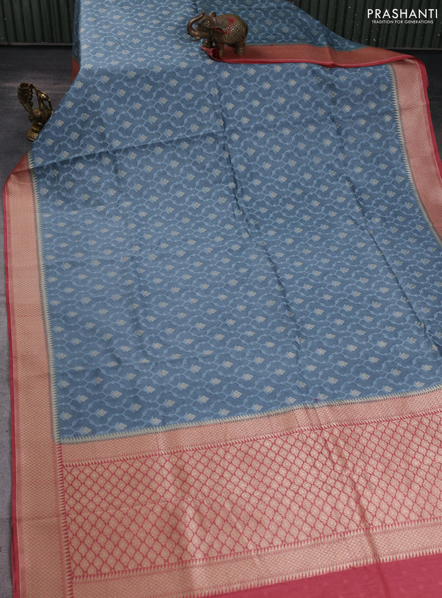 Banarasi silk cotton saree bluish grey and pink with allover thread weaves & zari woven buttas and zari woven border