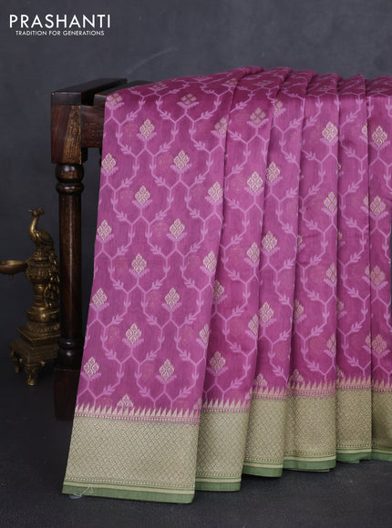 Banarasi silk cotton saree mauve pink and light green with allover thread weaves & zari woven buttas and zari woven border