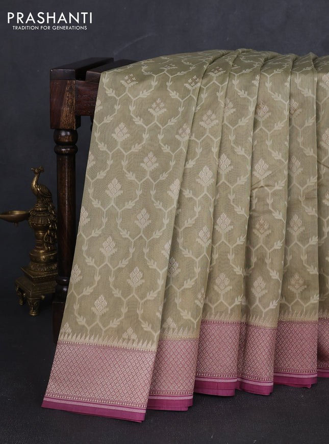 Banarasi silk cotton saree beige and mauve pink with allover thread weaves & zari woven buttas and zari woven border