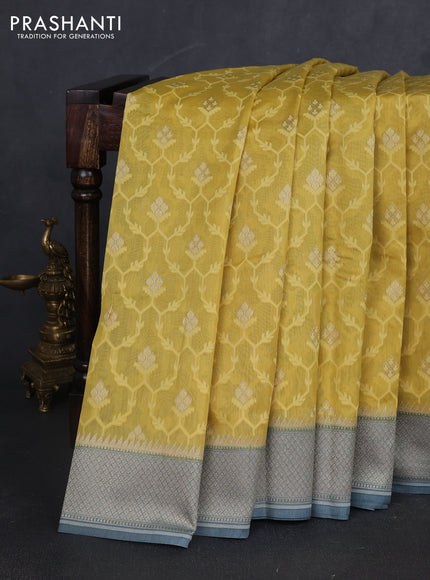 Banarasi silk cotton saree yellow and bluish grey with allover thread weaves & zari woven buttas and zari woven border