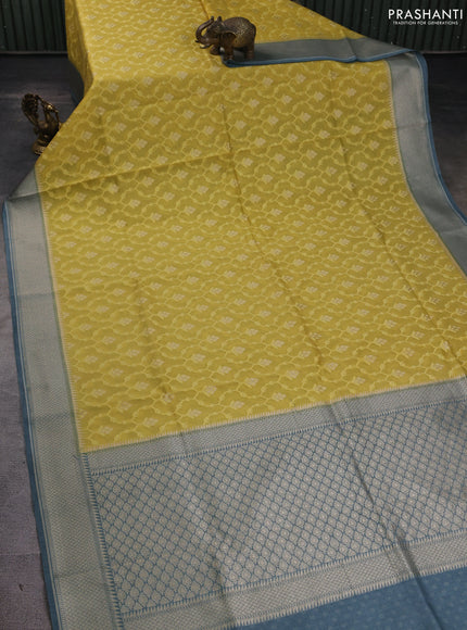 Banarasi silk cotton saree yellow and bluish grey with allover thread weaves & zari woven buttas and zari woven border