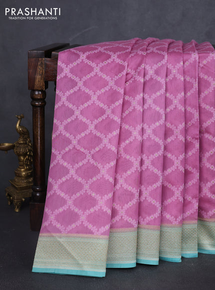 Banarasi silk cotton saree mauve pink and teal blue with allover thread weaves and woven border