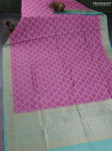 Banarasi silk cotton saree mauve pink and teal blue with allover thread weaves and woven border