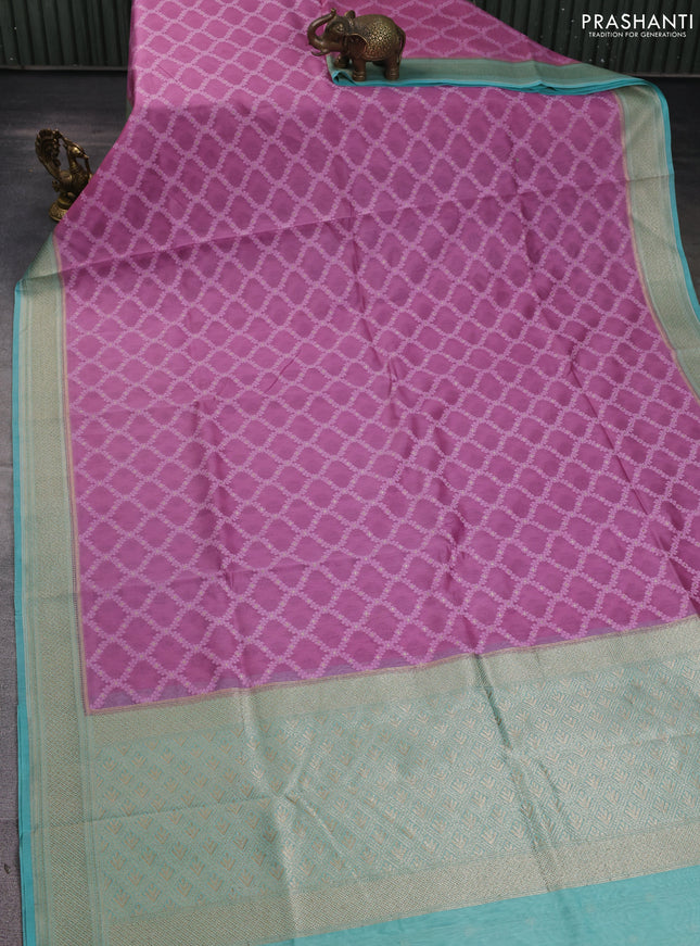 Banarasi silk cotton saree mauve pink and teal blue with allover thread weaves and woven border