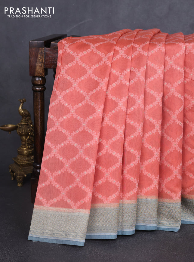 Banarasi silk cotton saree dark peach and grey with allover thread weaves and woven border