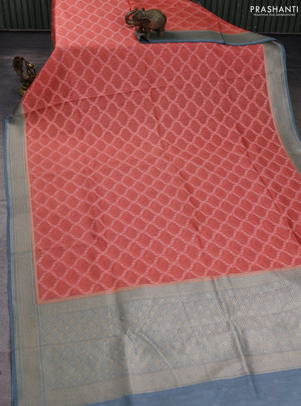Banarasi silk cotton saree dark peach and grey with allover thread weaves and woven border