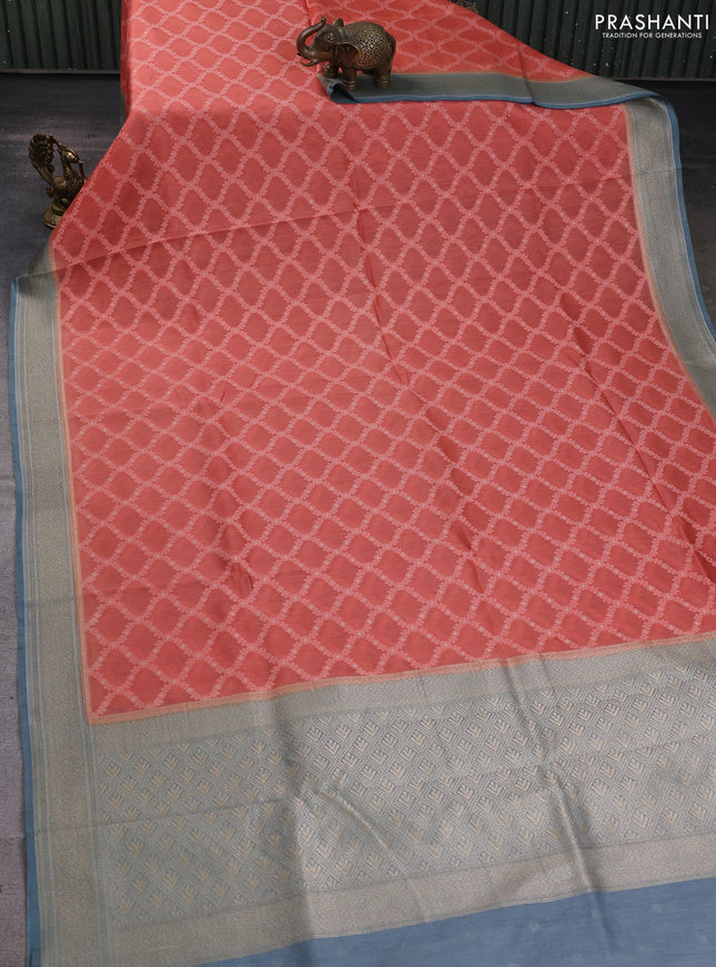 Banarasi silk cotton saree dark peach and grey with allover thread weaves and woven border