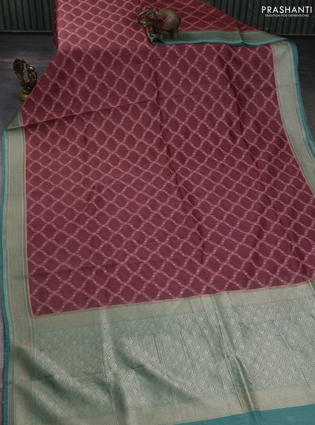 Banarasi silk cotton saree maroon shade and teal green shade with allover thread weaves and woven border