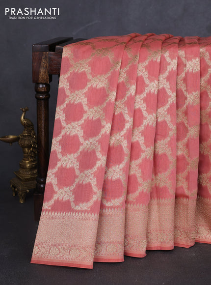 Banarasi silk cotton saree peach pink with allover zari weaves and zari woven border